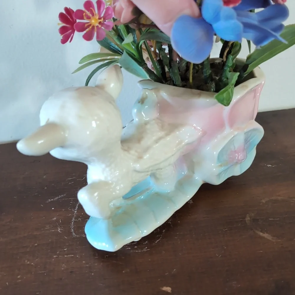 Charming Pastel Lamb Planter with Flowers Cottagecore Vintage Blue Pink Decor